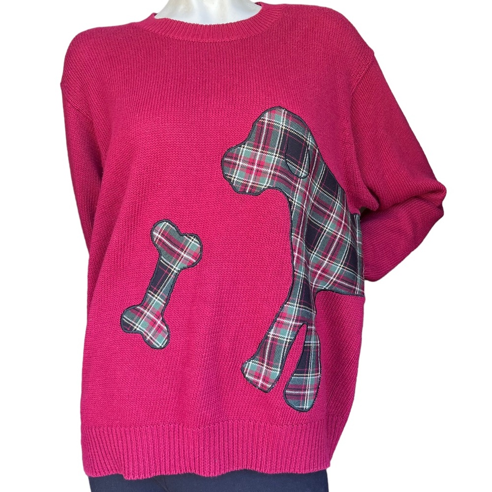 Vintage Red Crewneck Sweater with Tartan Dog and Bone Themed Size XL